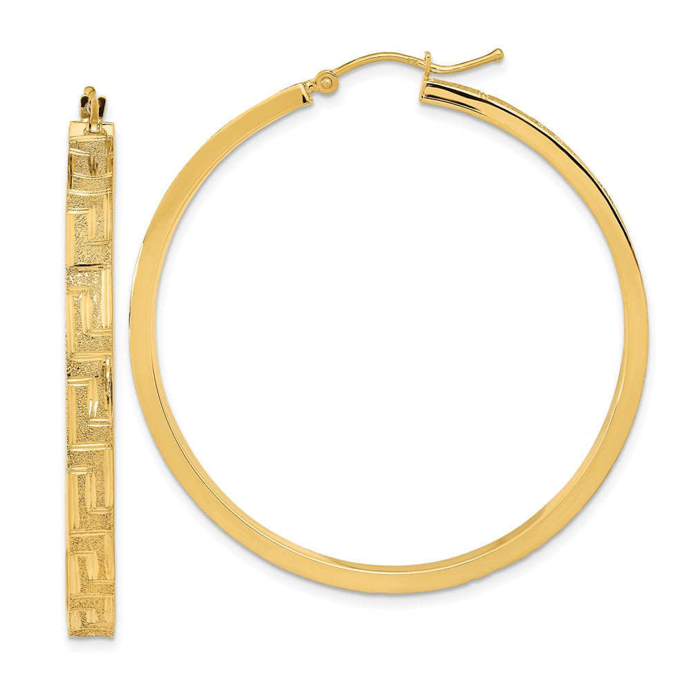 14k Yellow Gold 44.67 mm Polished and Satin Greek Pattern Hoop Earrings (5.01 grams)