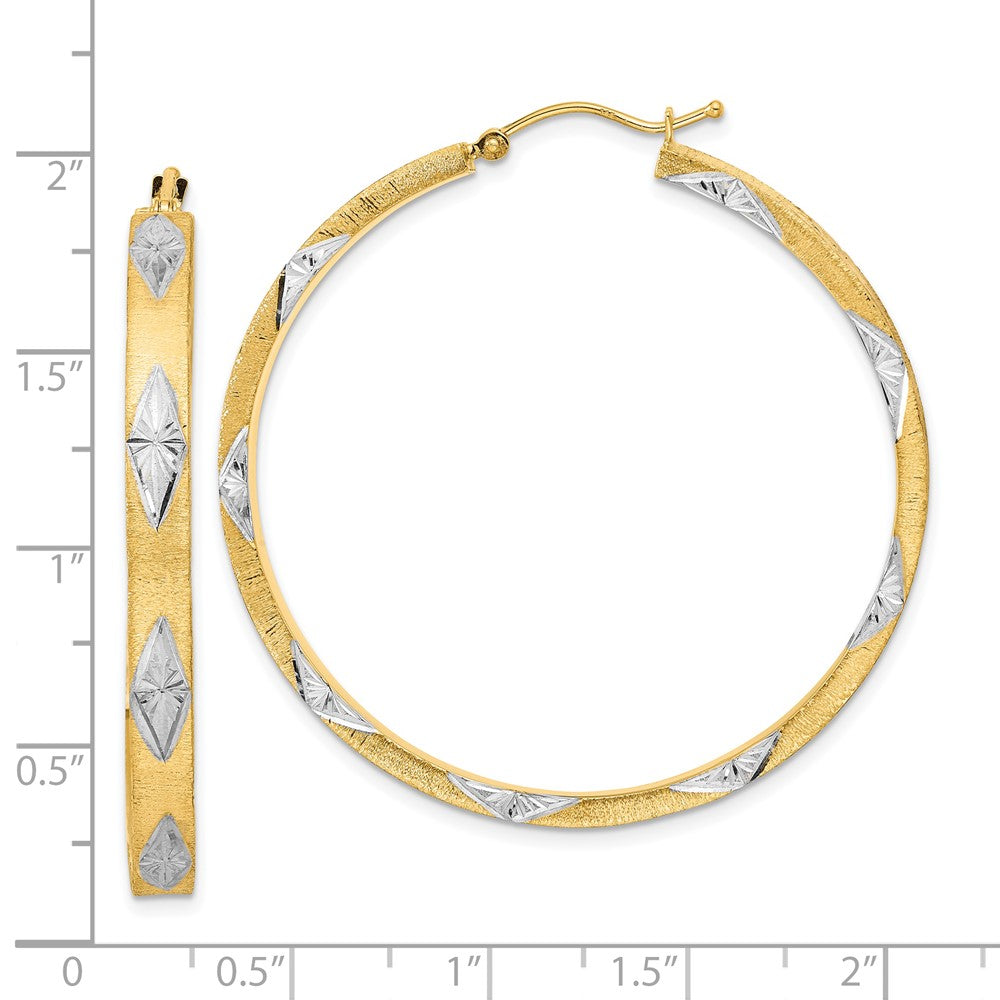 14k Yellow & Rhodium 45.53 mm Polished Satin Diamond-cut Fancy Hoop Earrings (5.09 grams)