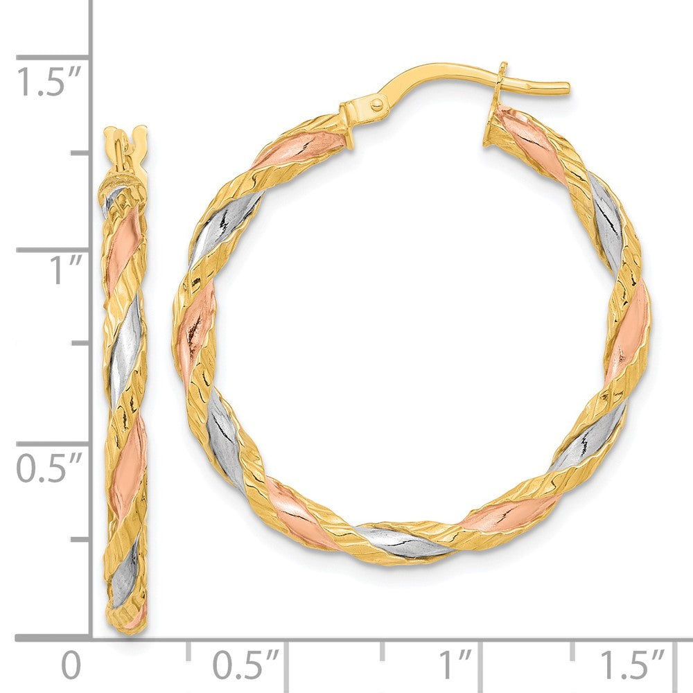 14k Yellow & Rhodium 30.25 mm Textured Twisted Hoop Earrings (1.87 grams)