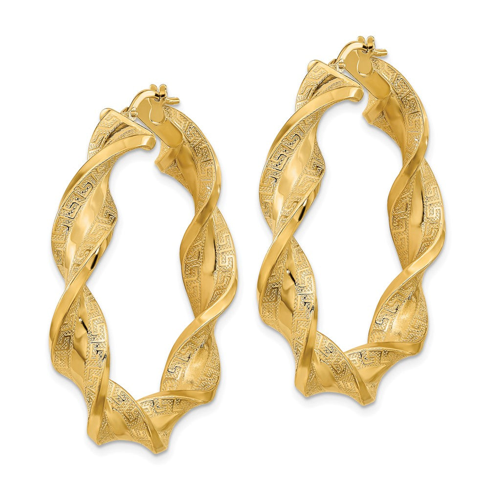 14k Yellow Gold 42.75 mm Polished & Greek Satin Twisted Hoop Earrings (6.32 grams)