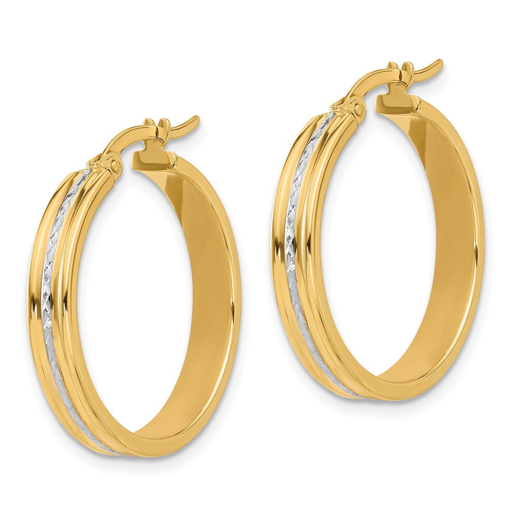 14k Yellow & Rhodium 23.5 mm Polished and Diamond-cut Hoop Earrings (1.94 grams)