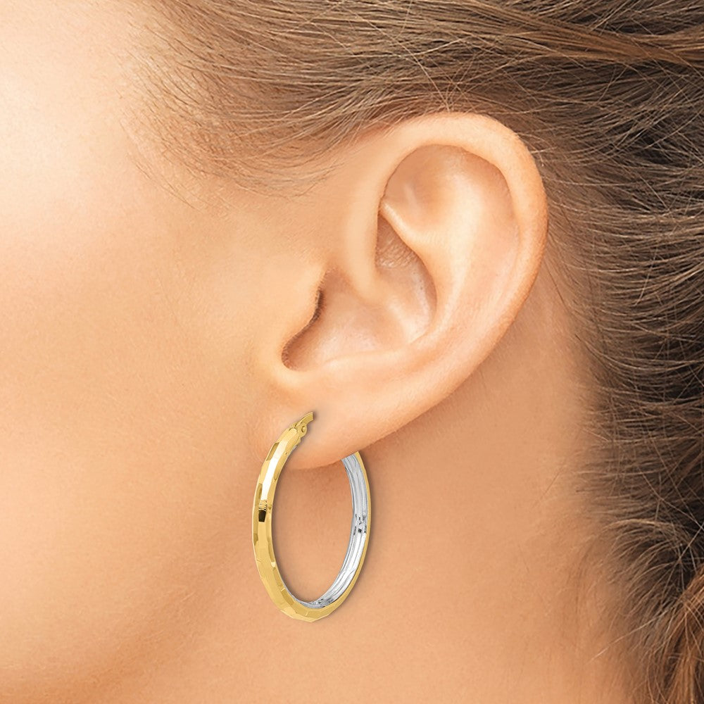 14k Yellow & Rhodium 31.3 mm Polished and Diamond-cut Hoop Earrings (3.26 grams)