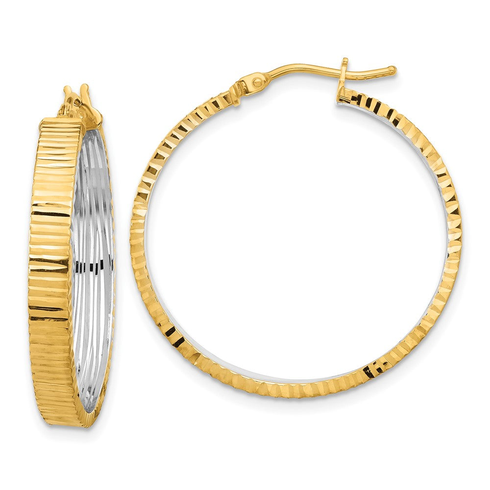 14k Yellow & Rhodium 29 mm Diamond-cut Circle Hoop Earrings (2.61 grams)