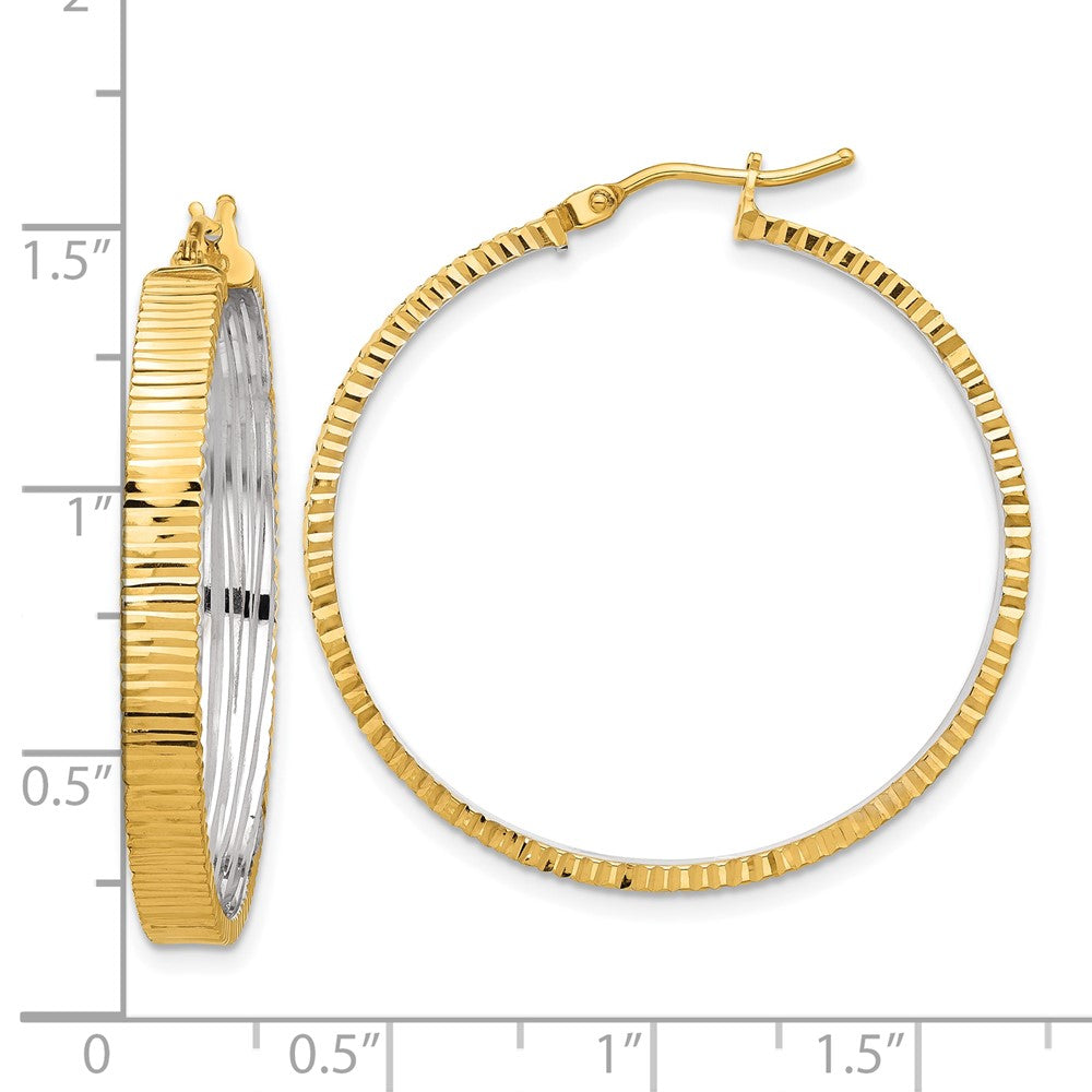 14k Yellow & Rhodium 34.2 mm Diamond-cut Circle Hoop Earrings (3.16 grams)