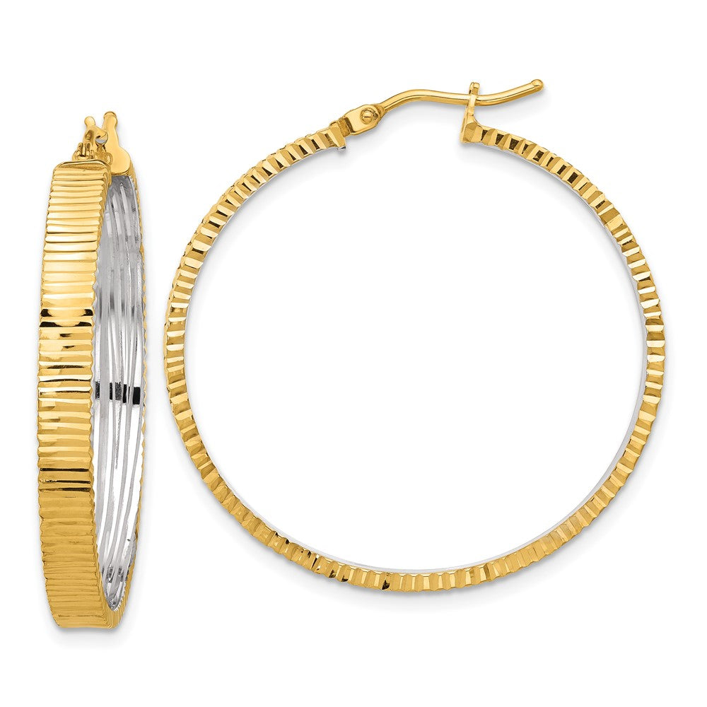 14k Yellow & Rhodium 34.2 mm Diamond-cut Circle Hoop Earrings (3.16 grams)