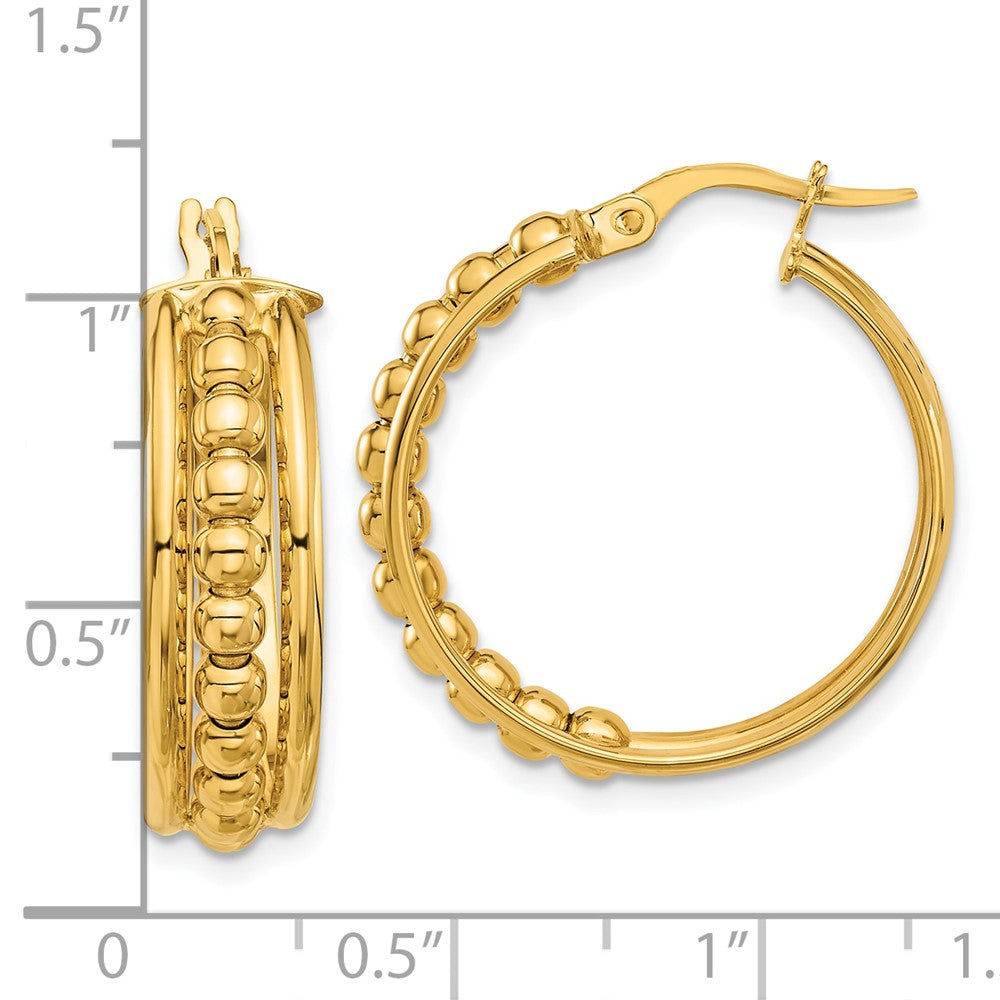 14k Yellow Gold 24.3 mm Polished and Beaded Hoop Earrings (4.07 grams)