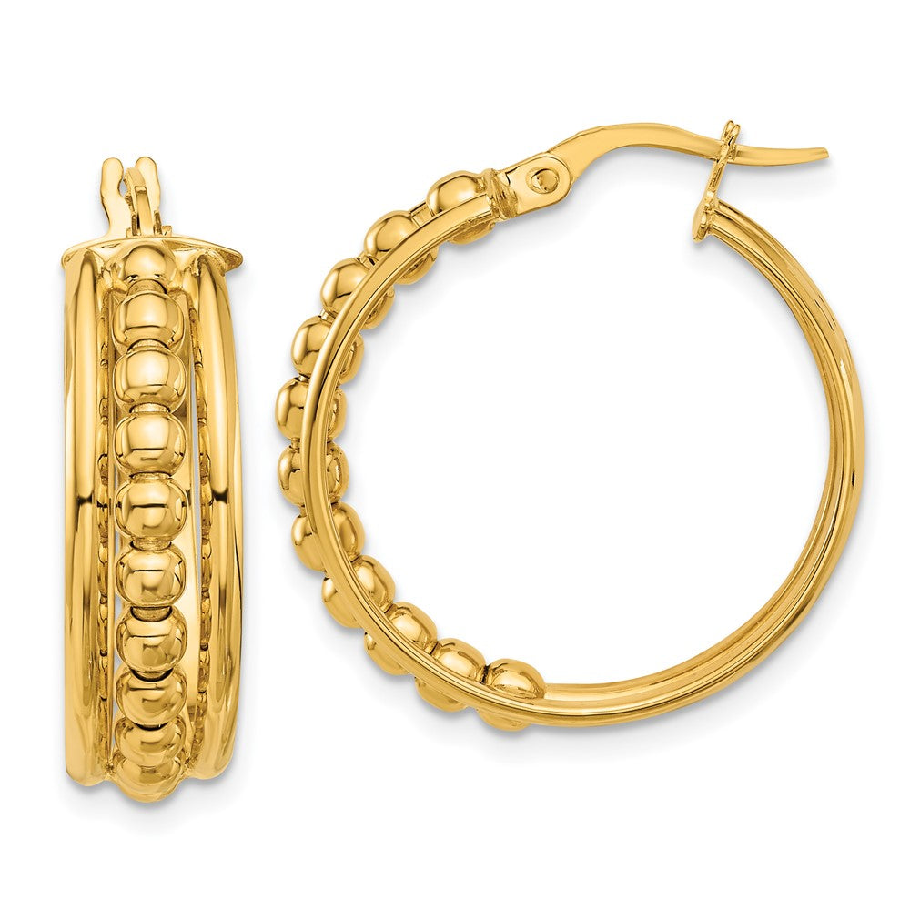 14k Yellow Gold 24.3 mm Polished and Beaded Hoop Earrings (4.07 grams)