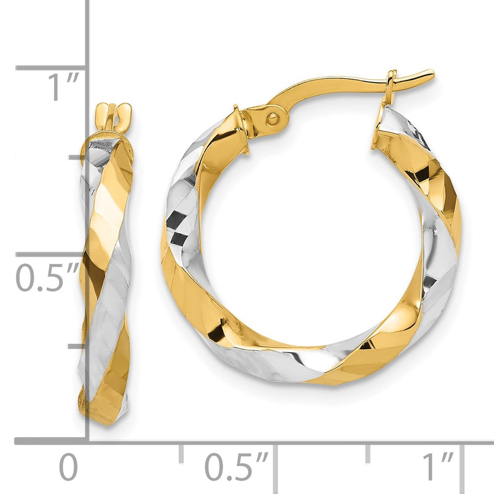 14k Yellow & Rhodium 20.9 mm Polished and Diamond-cut Twisted Hoop Earrings (2.36 grams)