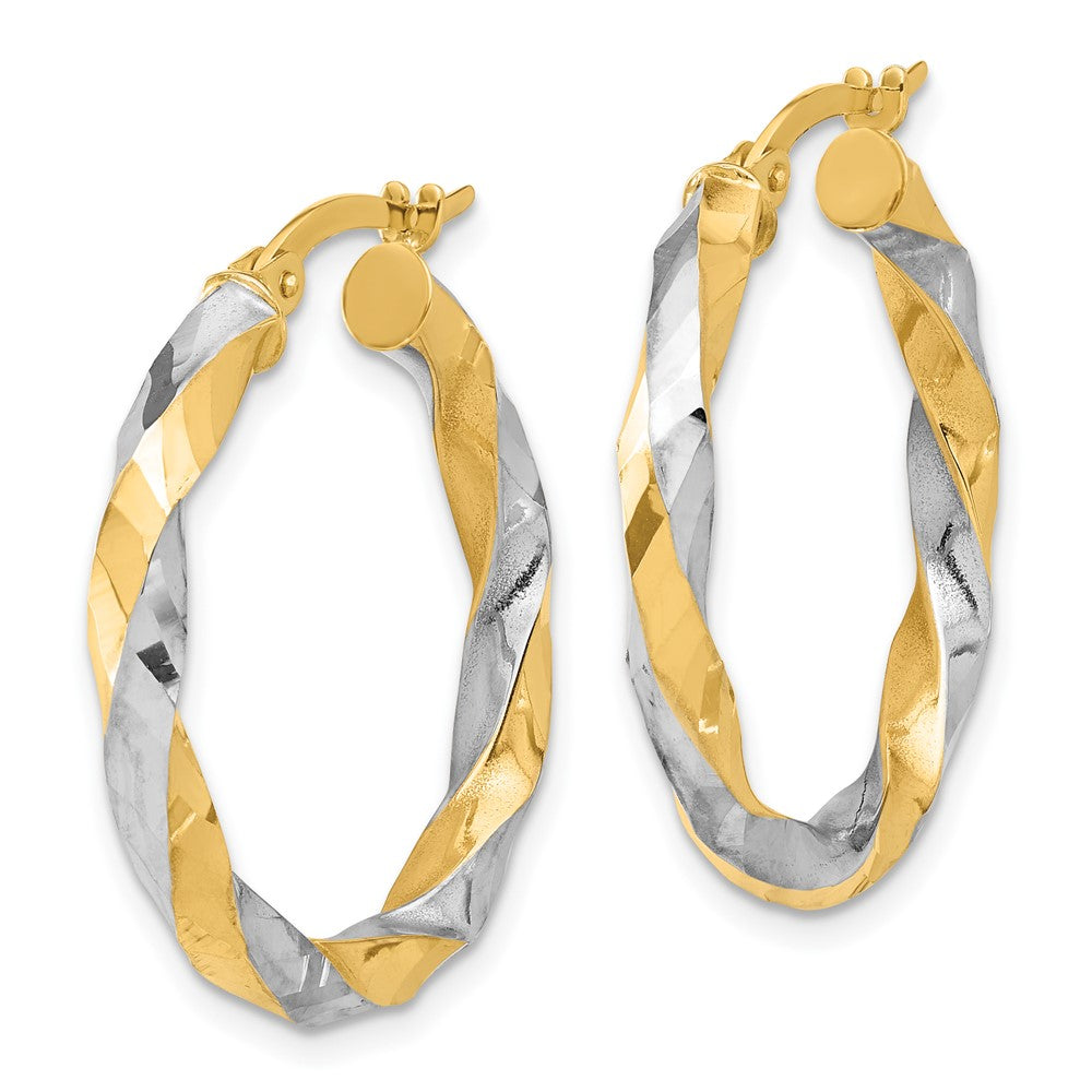 14k Yellow & Rhodium 26.9 mm Polished and Diamond-cut Twisted Hoop Earrings (3.06 grams)