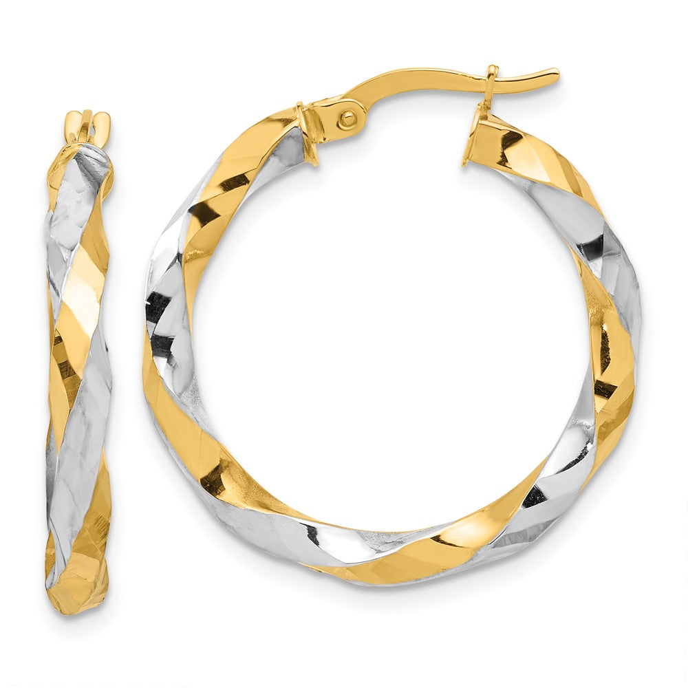 14k Yellow & Rhodium 26.9 mm Polished and Diamond-cut Twisted Hoop Earrings (3.06 grams)