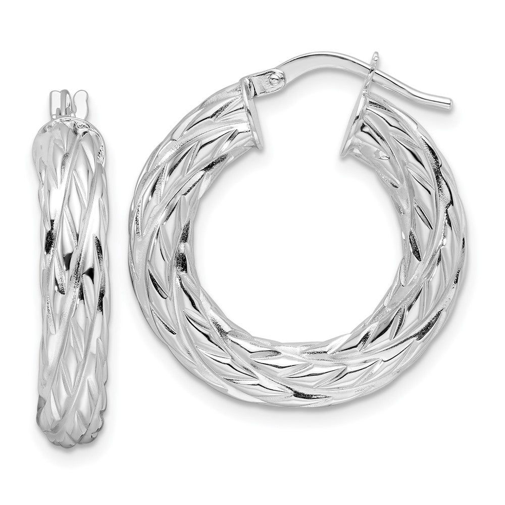 14k White Gold 23.6 mm Woven Texture Round Hoop Earrings (2.45 grams)