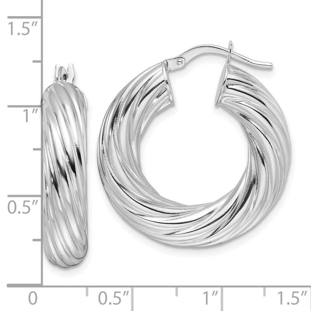 14k White Gold 25.9 mm Twisted Hollow Round Hoop Earrings (4.25 grams)