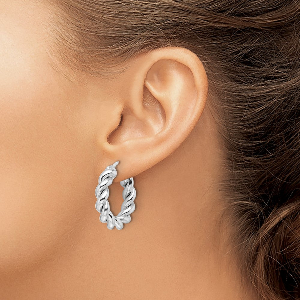 14k White Gold 24.9 mm Hollow Twisted Round Hoop Earrings (3.38 grams)