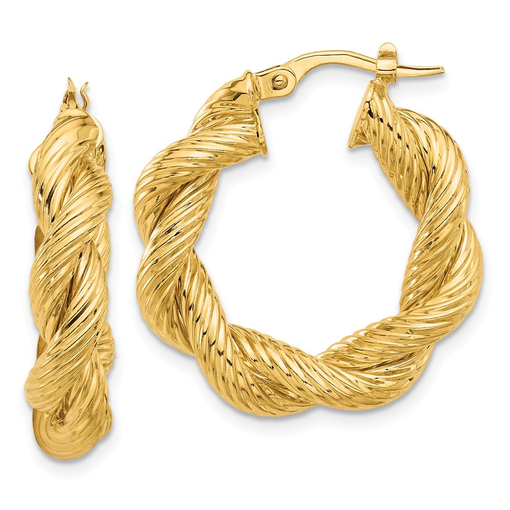 14k Yellow Gold 24.8 mm Polished and Textured Twisted Hoop Earrings (3.56 grams)