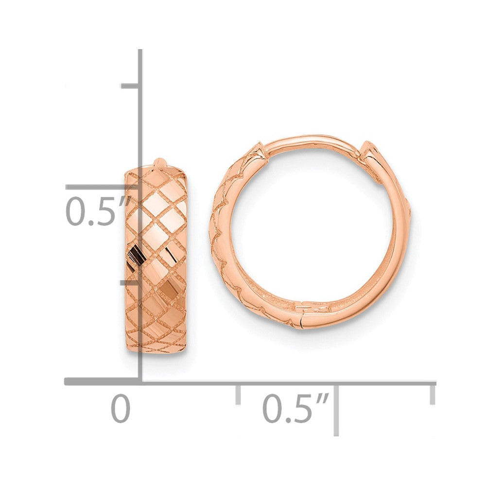 14k Rose Gold 13.1 mm Rose Gold Polished and Etched Hinged Hoop Earrings (1.7 grams)