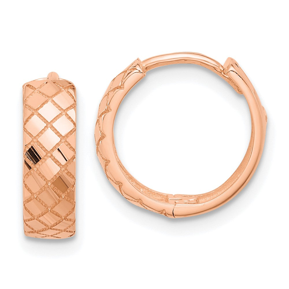 14k Rose Gold 13.1 mm Rose Gold Polished and Etched Hinged Hoop Earrings (1.7 grams)