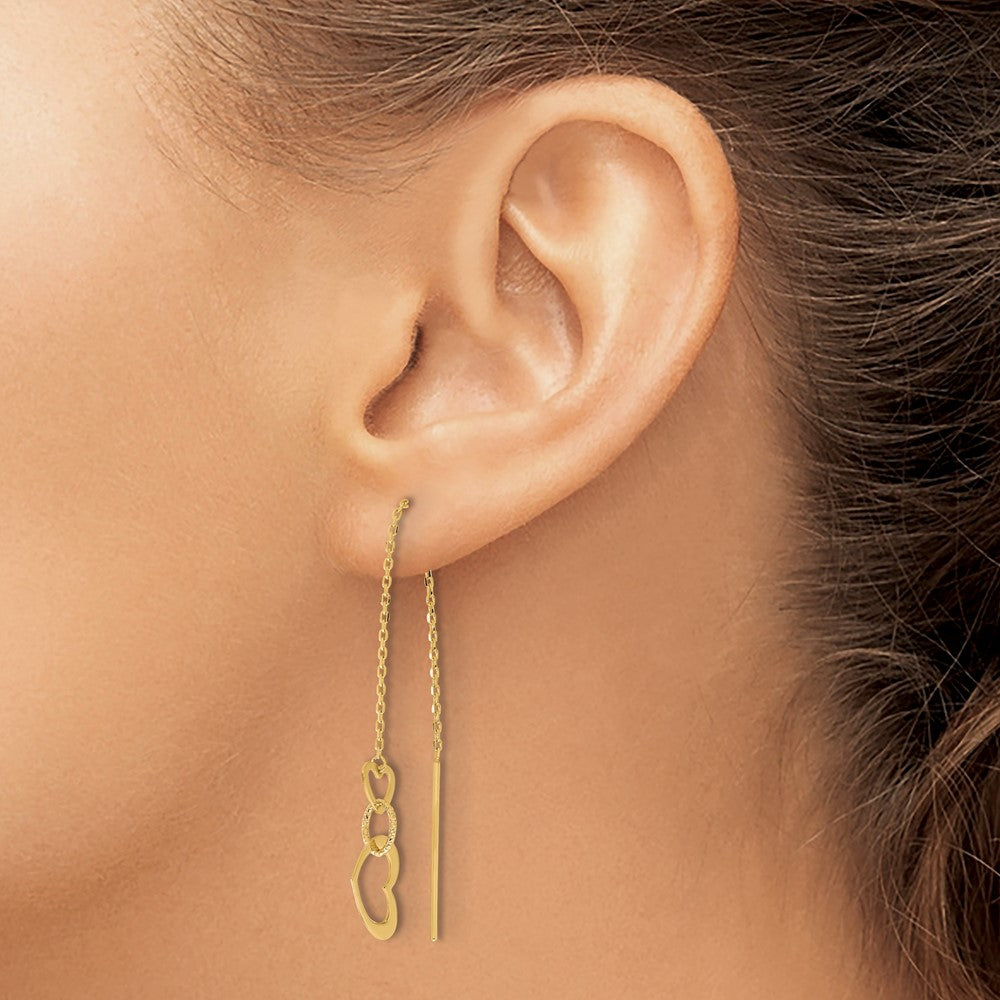 14k Yellow Gold 11.4 mm Polished Hearts Dangle Threader Earrings (1.26 grams)