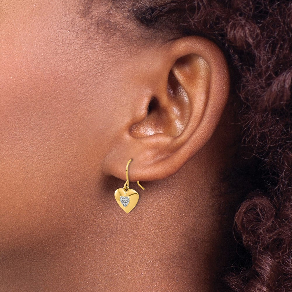 14k Yellow & Rhodium 9.75 mm D/C Heart Dangle Earrings (2.48 grams)