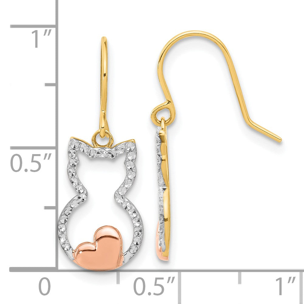 14k Yellow & Rhodium 9 mm D/C Cat Outline Dangle Earrings (1.46 grams)