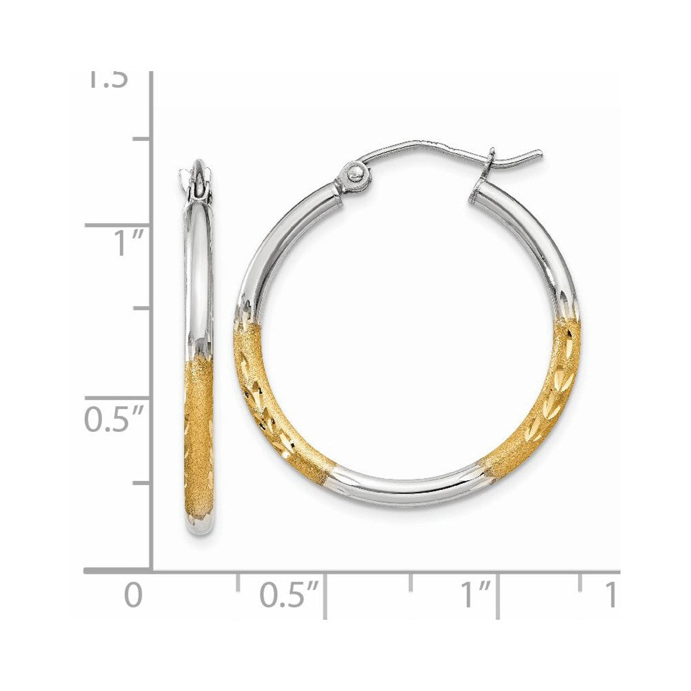 14k Yellow & Rhodium 2 mm Satin and Polished Diamond-cut Hoop Earrings (1.45 grams)