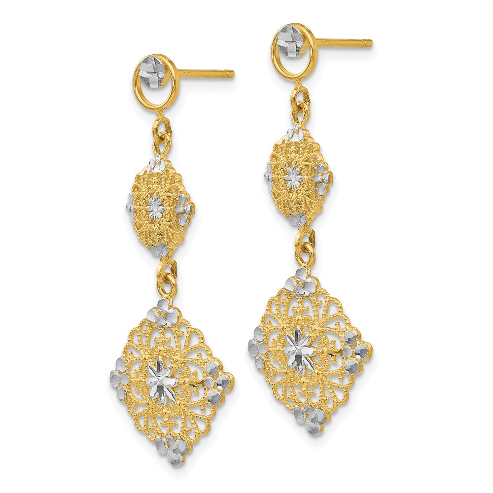 14k Yellow & Rhodium 15 mm Diamond-cut Filigree Dangle Earrings (2.21 grams)