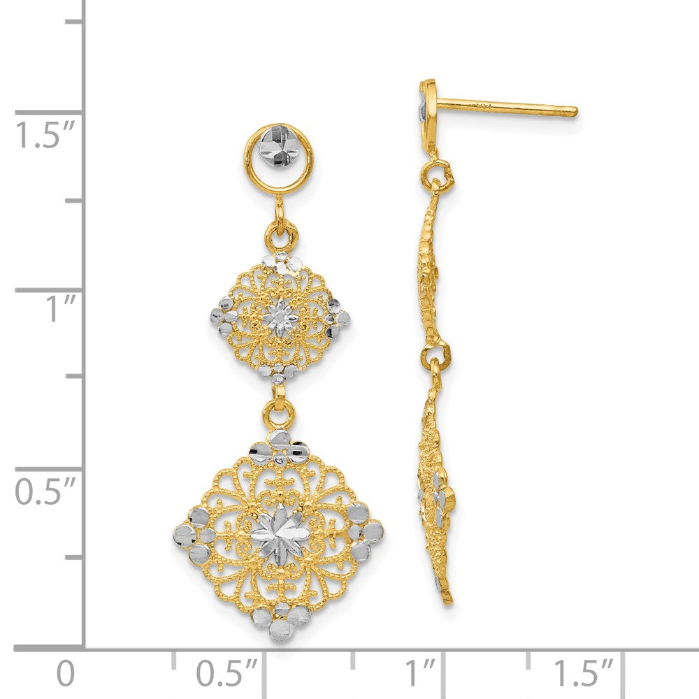 14k Yellow & Rhodium 15 mm Diamond-cut Filigree Dangle Earrings (2.21 grams)
