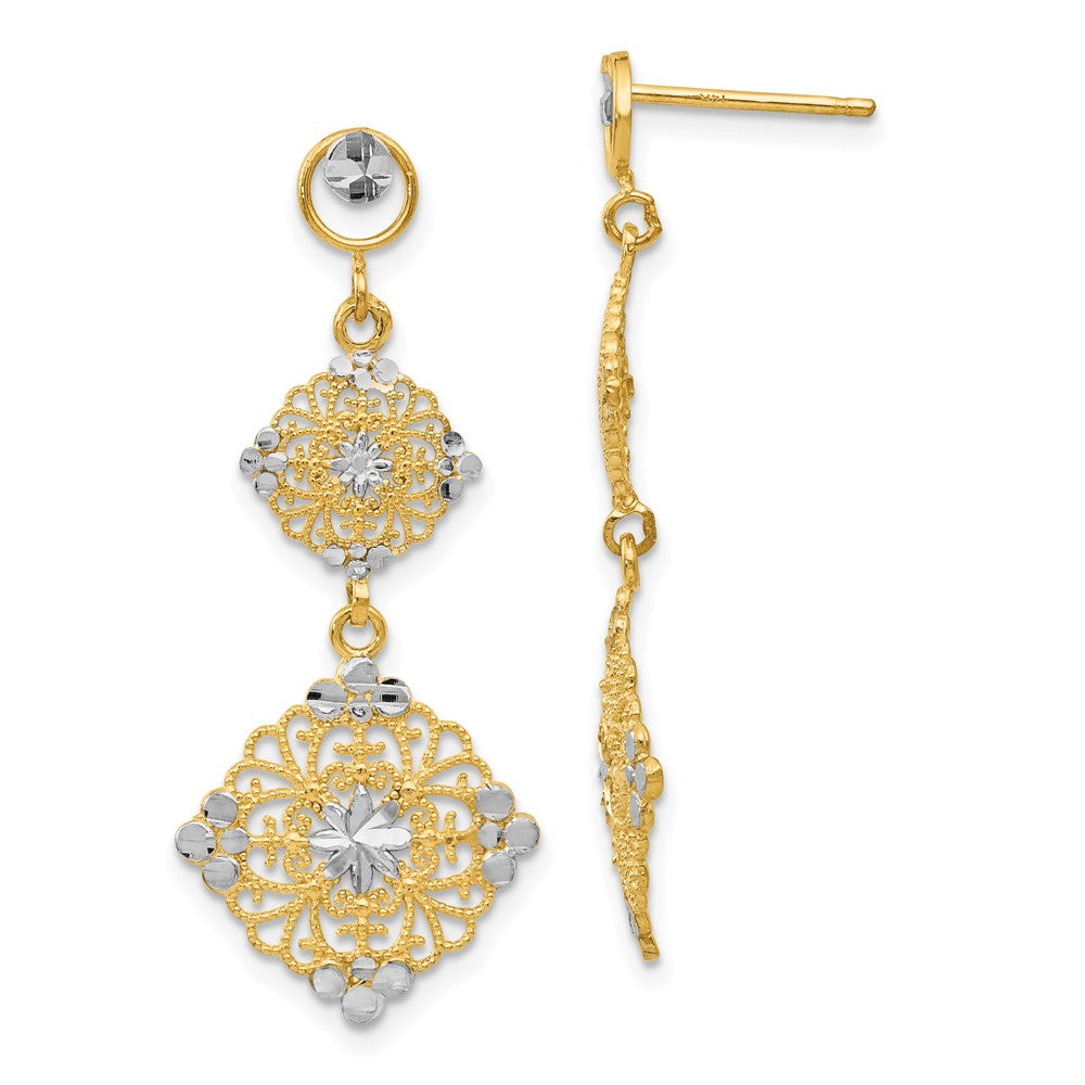 14k Yellow & Rhodium 15 mm Diamond-cut Filigree Dangle Earrings (2.21 grams)