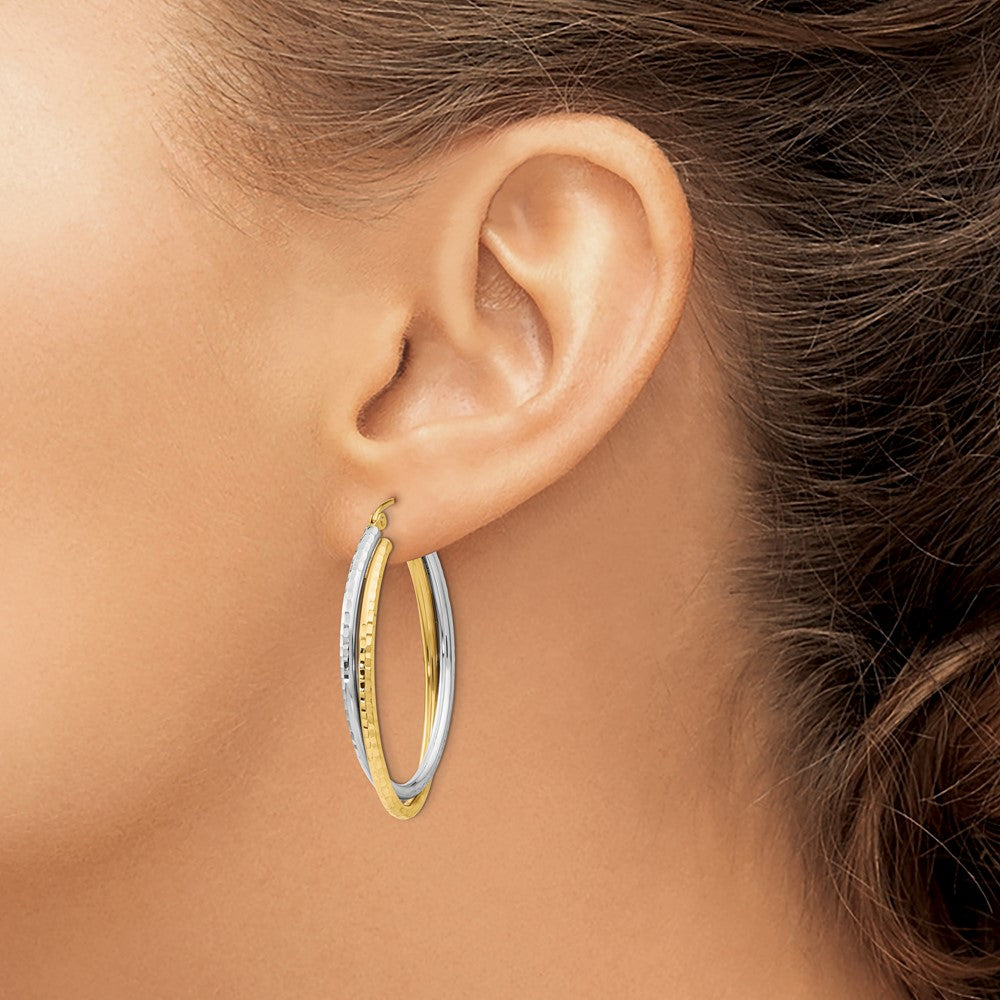 14k Two-tone 5 mm Diamond-cut Polished Oval Hoop Earring (3.17 grams)