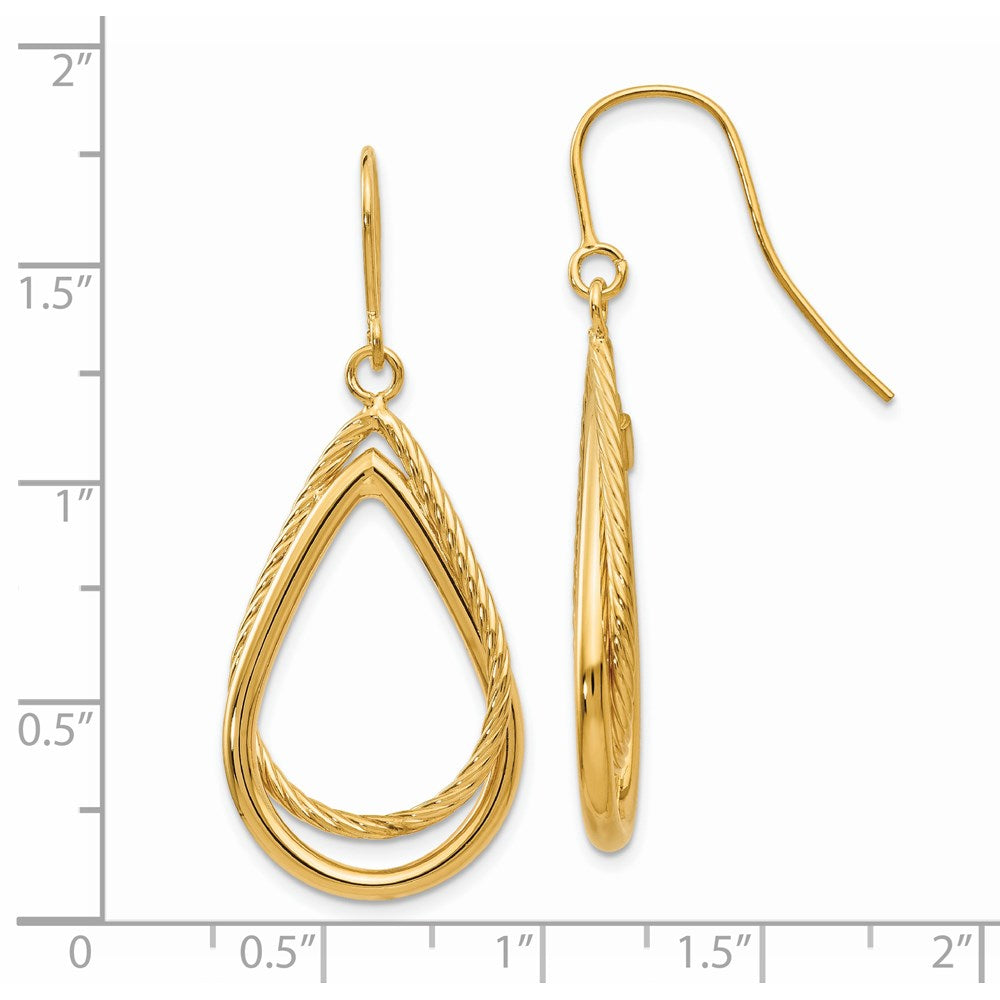 14k Yellow Gold 17 mm Polished and Textured Teardrop Shepherd Hook Earrings (2.71 grams)