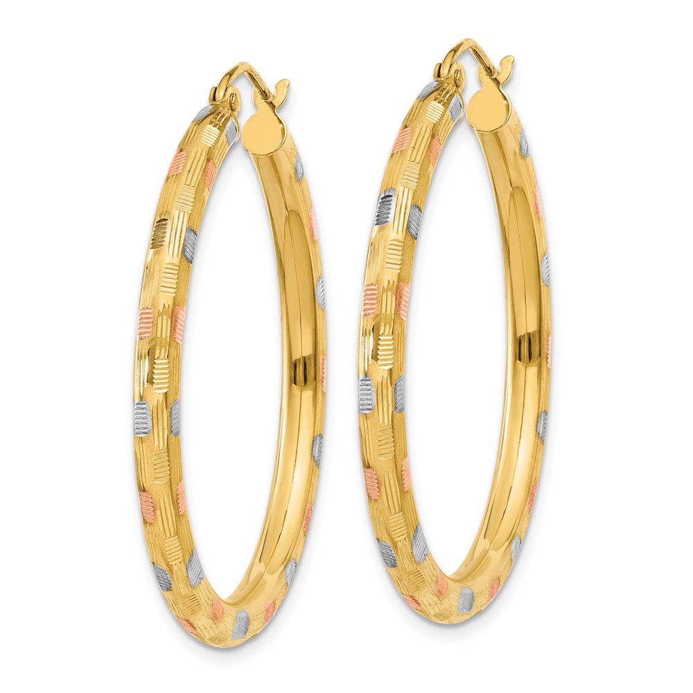 14k Yellow & Rhodium 3 mm D/C Hoop Earrings (2.54 grams)