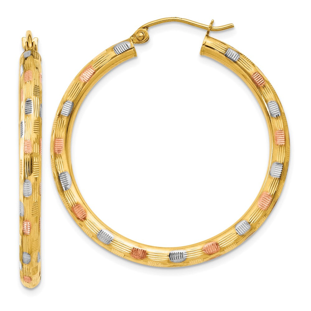 14k Yellow & Rhodium 3 mm D/C Hoop Earrings (2.54 grams)