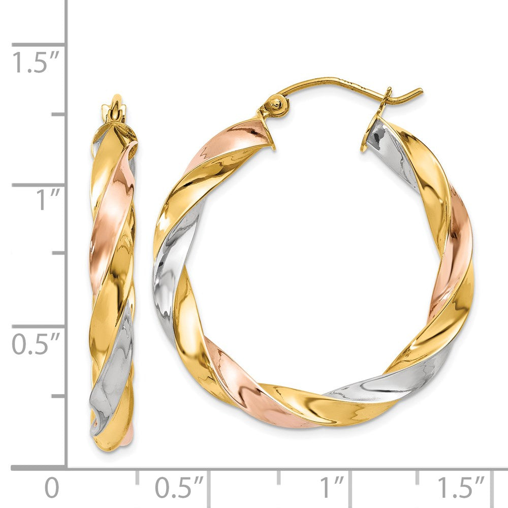 14k Tri-Color 28 mm Tri-color Light Twisted Hoop Earrings (2.46 grams)
