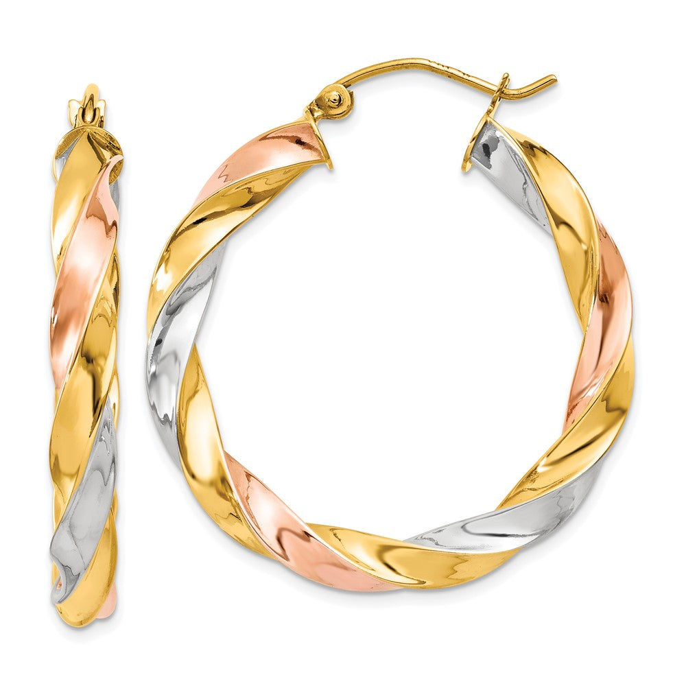 14k Tri-Color 28 mm Tri-color Light Twisted Hoop Earrings (2.46 grams)