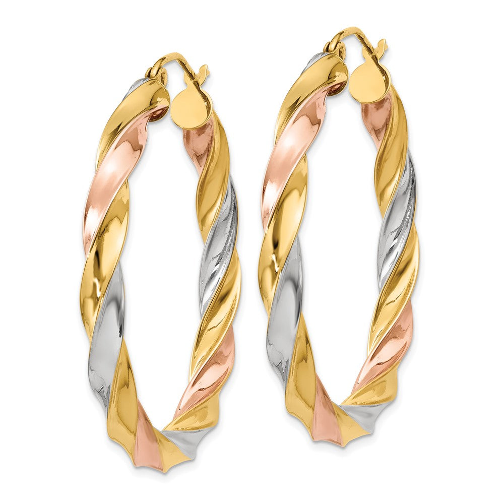 14k Tri-Color 36 mm Tri-color Light Twisted Hoop Earrings (2.94 grams)