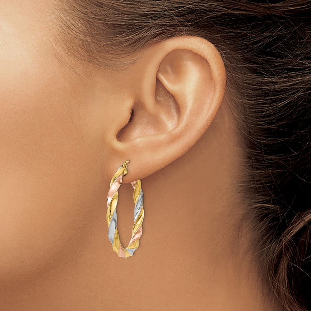 14k Tri-Color 36 mm Tri-color Light Twisted Hoop Earrings (2.94 grams)