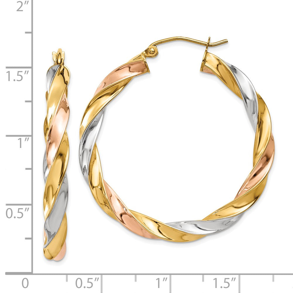 14k Tri-Color 36 mm Tri-color Light Twisted Hoop Earrings (2.94 grams)