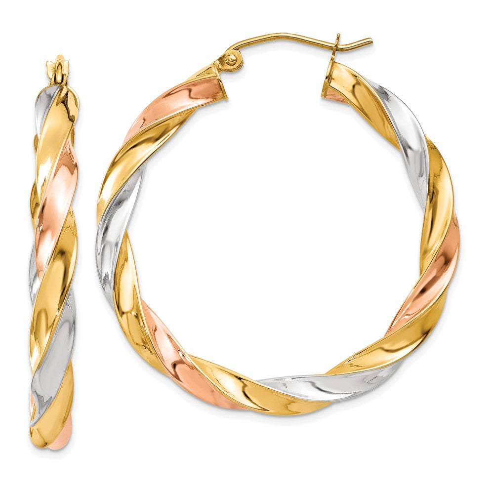 14k Tri-Color 36 mm Tri-color Light Twisted Hoop Earrings (2.94 grams)