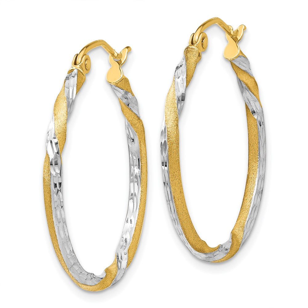 14k Yellow & Rhodium 25 mm Satin Diamond Cut Twisted Hoop Earrings (1.32 grams)