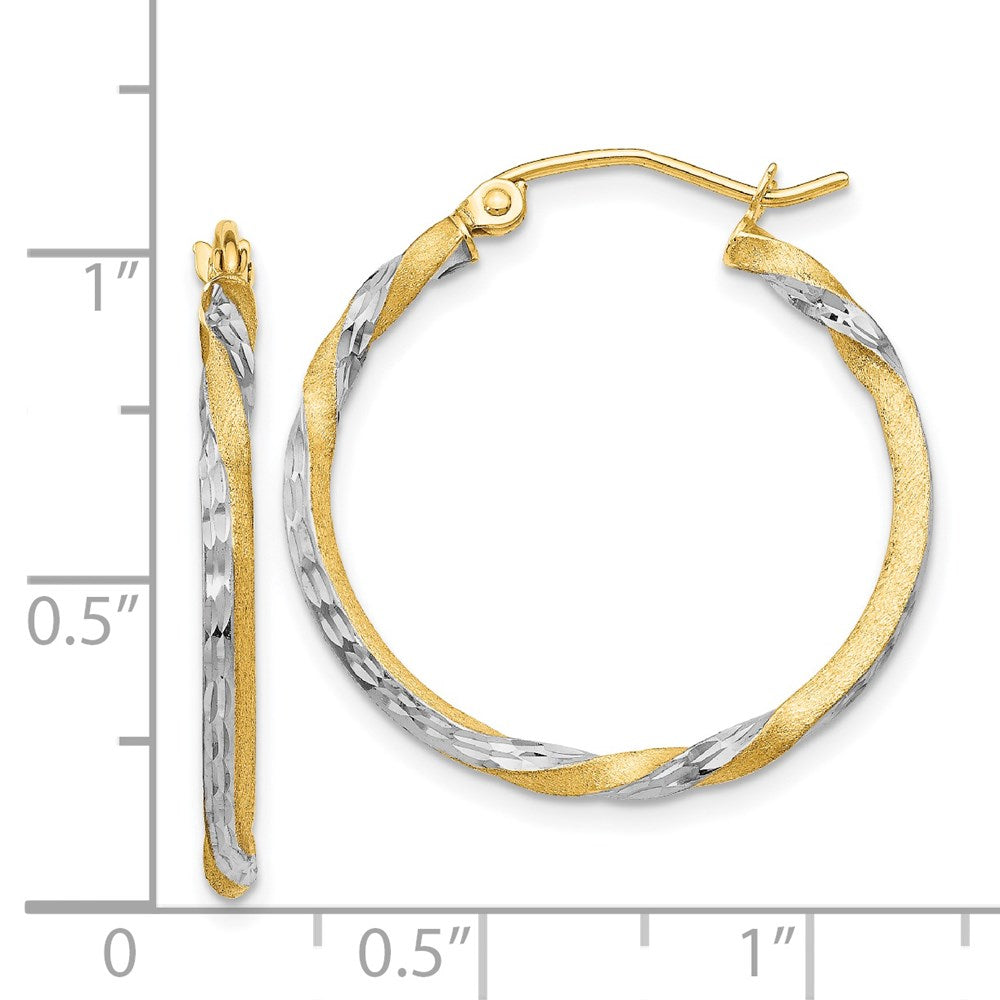 14k Yellow & Rhodium 25 mm Satin Diamond Cut Twisted Hoop Earrings (1.32 grams)
