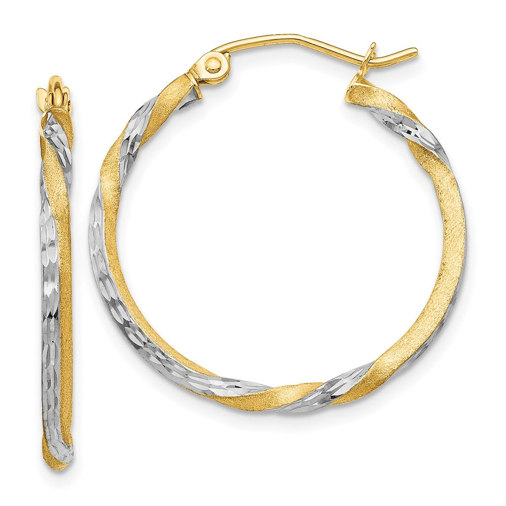 14k Yellow & Rhodium 25 mm Satin Diamond Cut Twisted Hoop Earrings (1.32 grams)