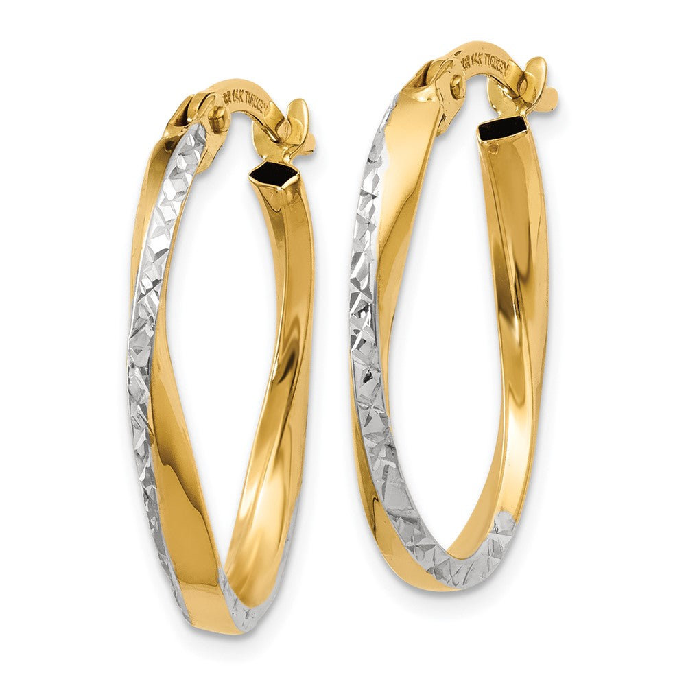 14k Yellow & Rhodium 2 mm Textured and Polished Oval Hoop Earrings (1.18 grams)