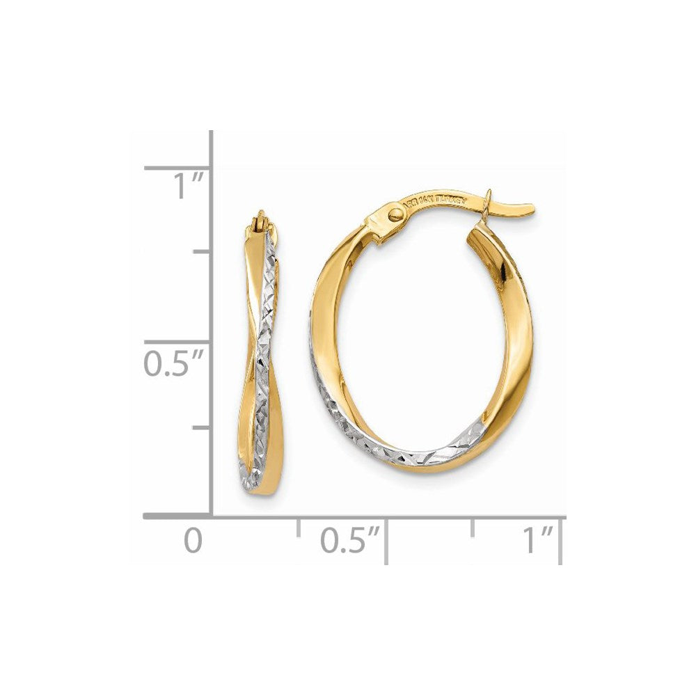 14k Yellow & Rhodium 2 mm Textured and Polished Oval Hoop Earrings (1.18 grams)
