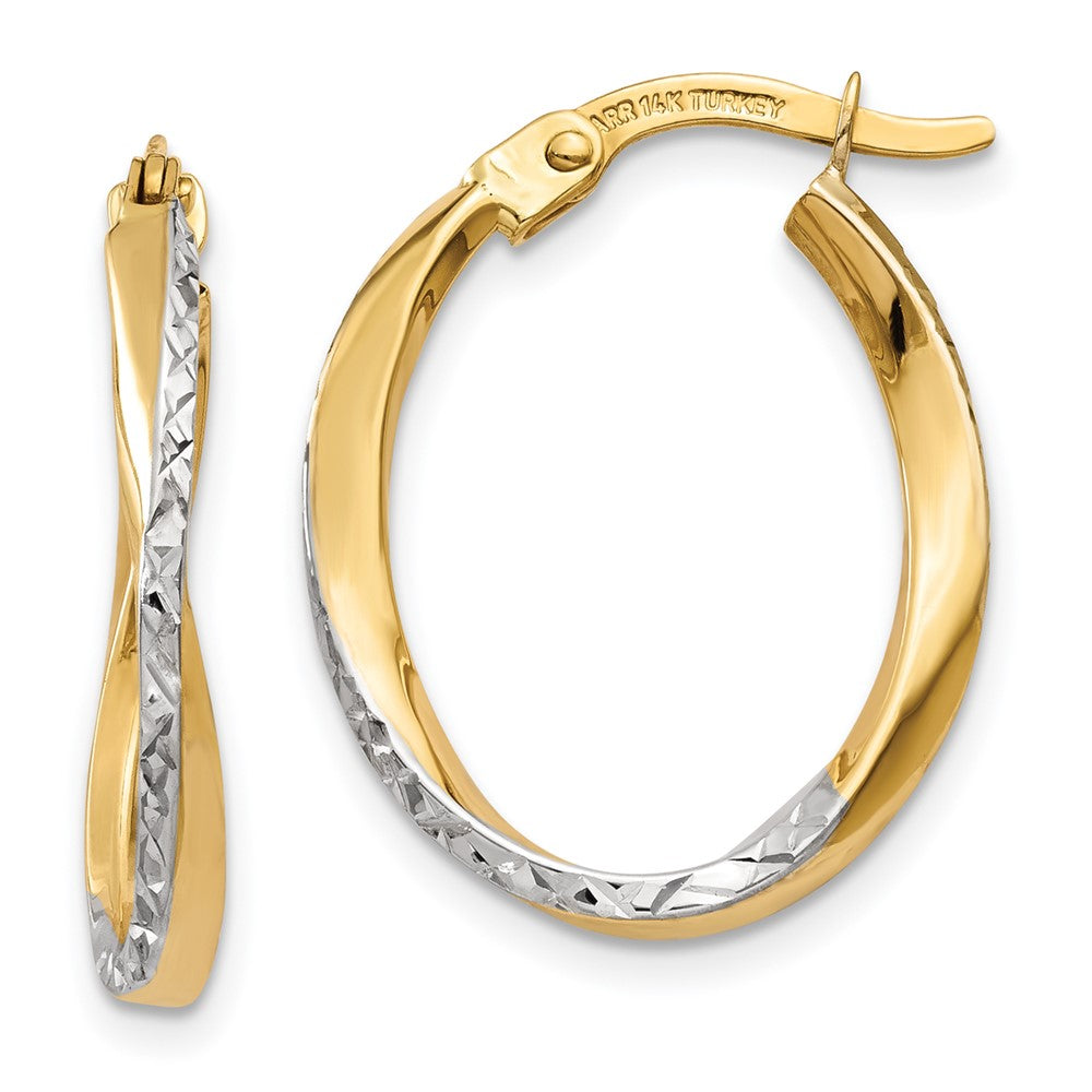 14k Yellow & Rhodium 2 mm Textured and Polished Oval Hoop Earrings (1.18 grams)