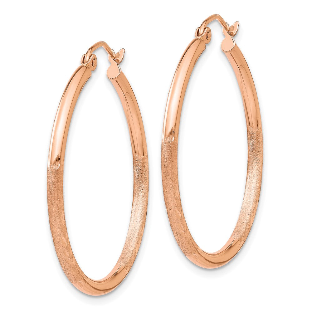 14k Rose Gold 2 mm Lightweight Satin Diamond Cut Hoop Earrings (1.6 grams)