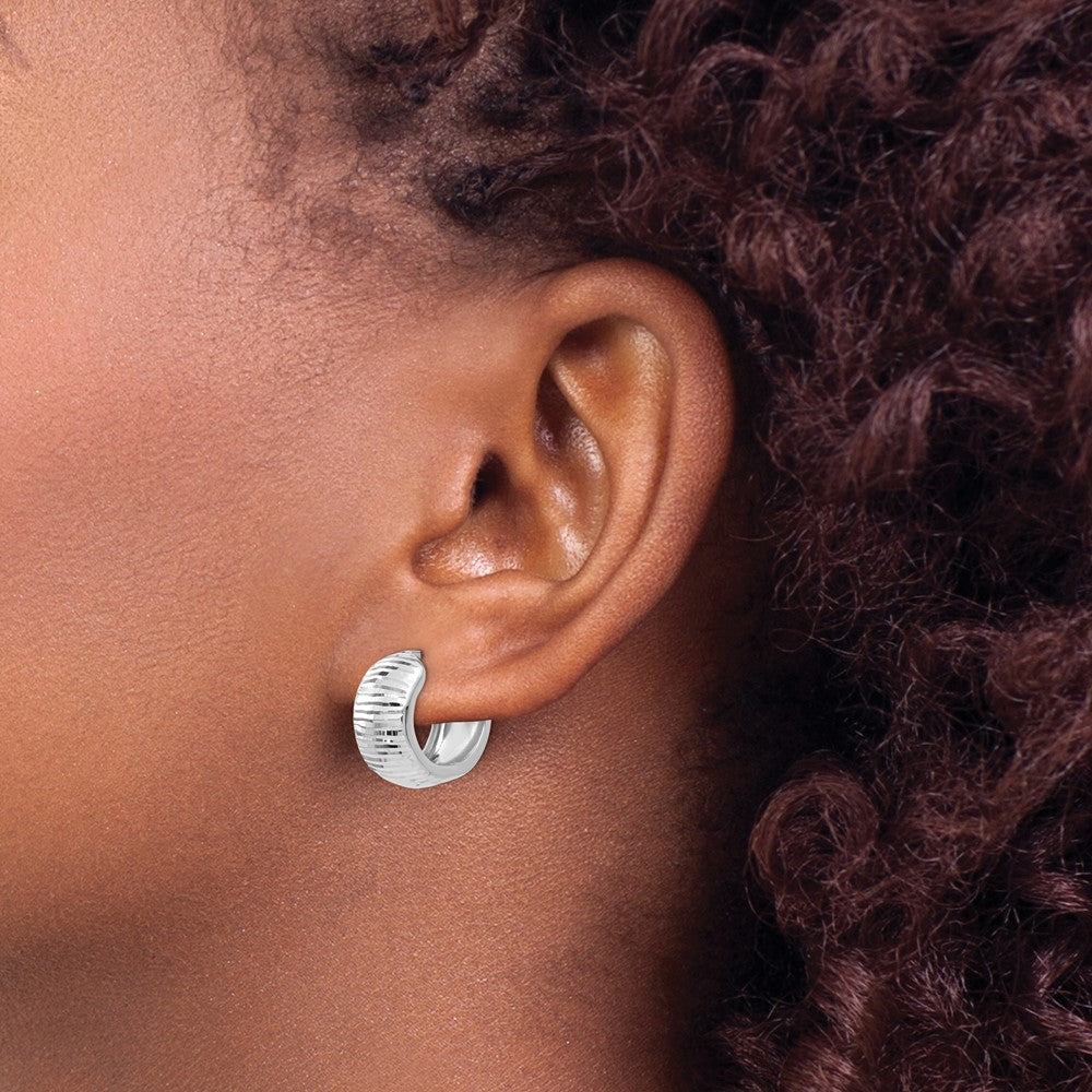 14k White Gold 9 mm Textured and Polished Hinged Hoop Earrings (2.21 grams)