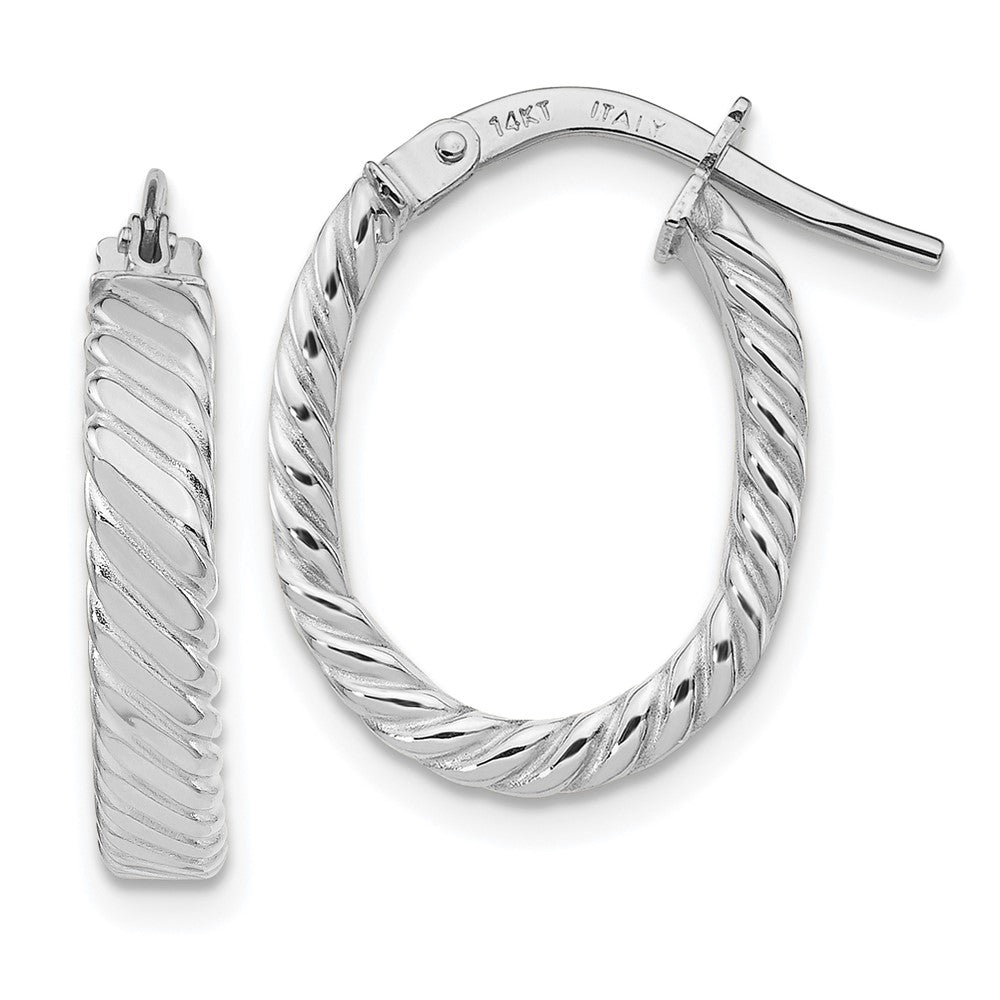 14k White Gold 14 mm Patterned Oval Hoop Earrings (1.72 grams)