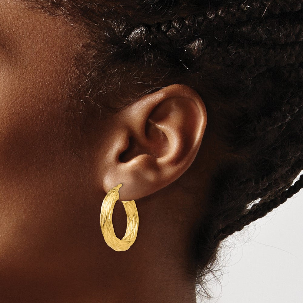 14k Yellow Gold 28 mm Textured Tube Hoop Earrings (3.16 grams)