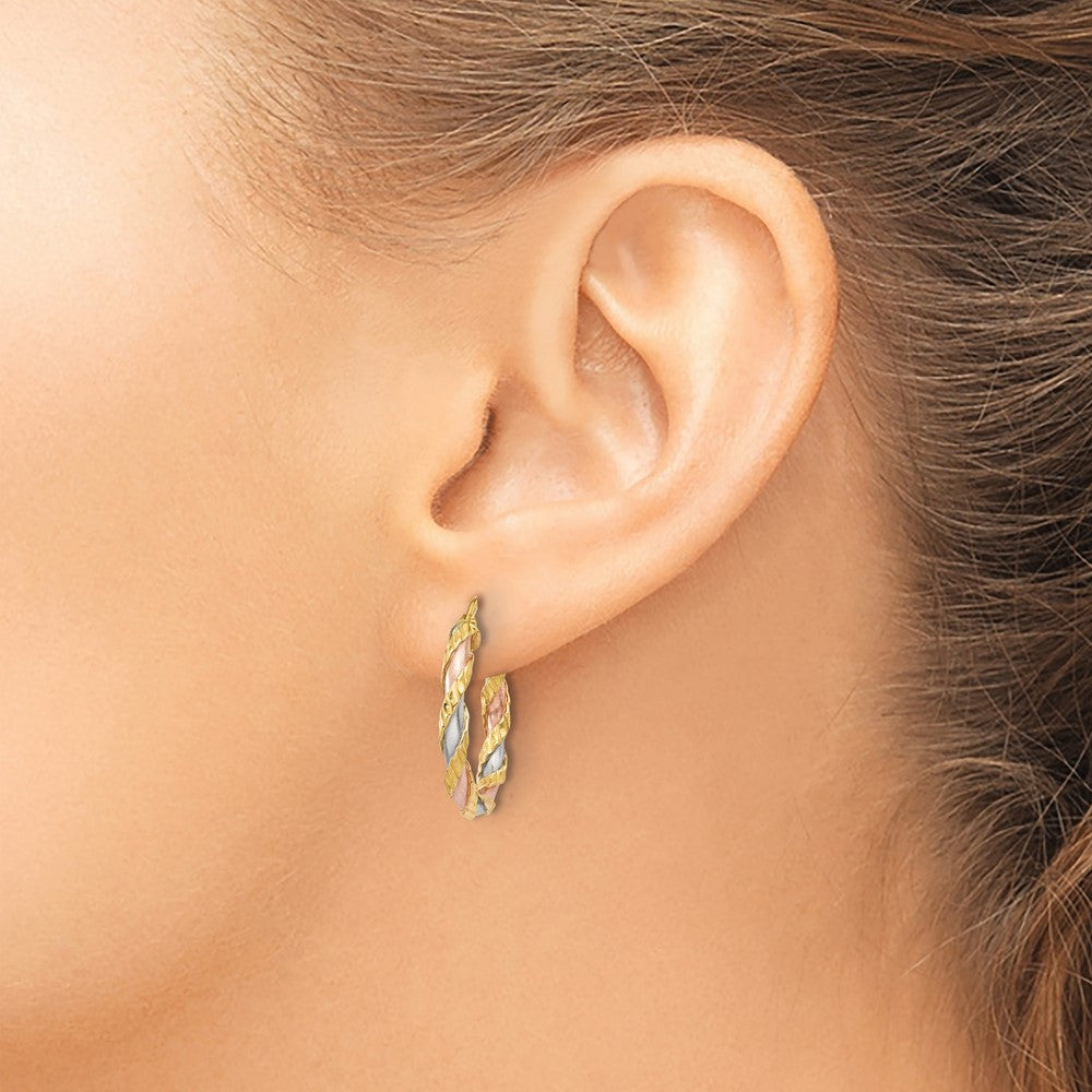 14k Yellow & Rhodium 22 mm Textured Twisted Hoop Earrings (1.48 grams)