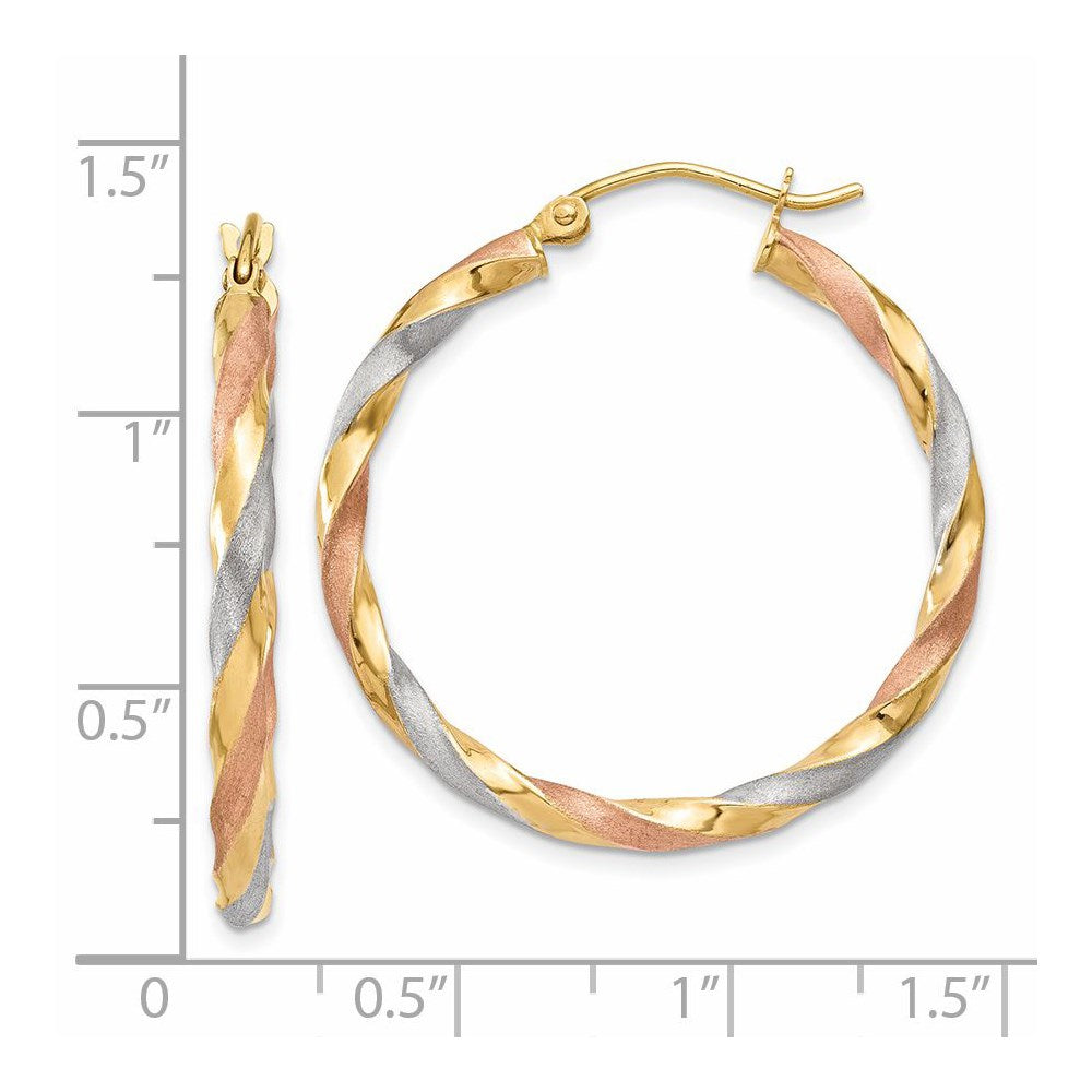 14k Yellow & Rhodium 30.5 mm Satin Twisted Hoop Earrings (1.57 grams)