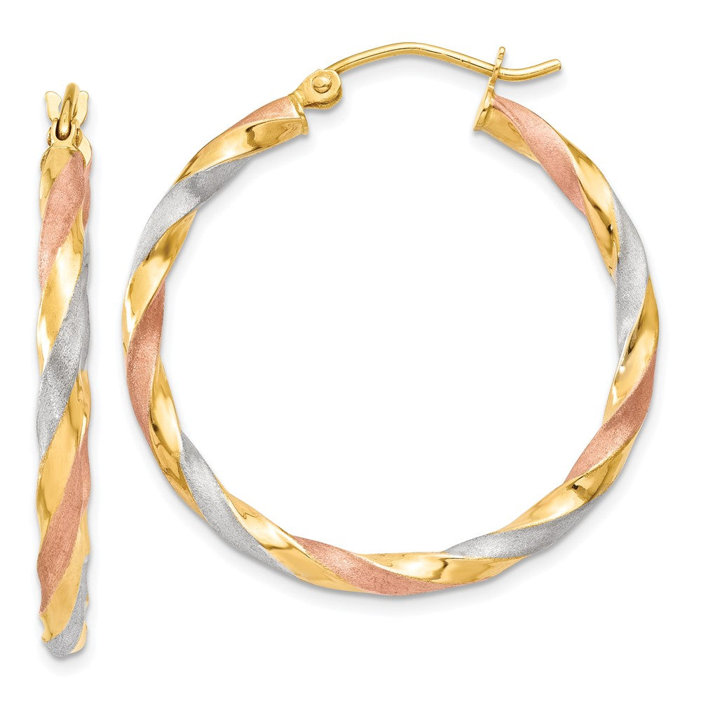 14k Yellow & Rhodium 30.5 mm Satin Twisted Hoop Earrings (1.57 grams)